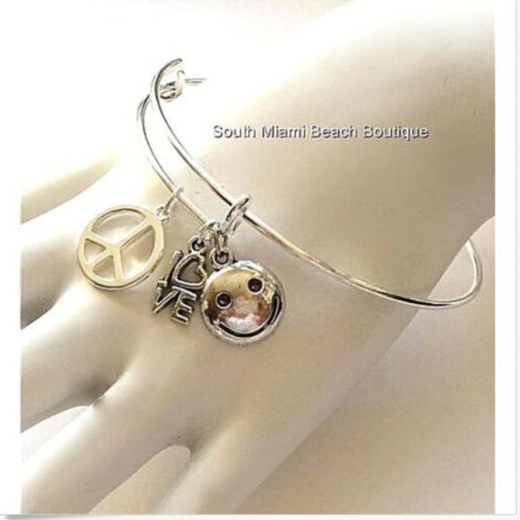 Silver Peace Sign Charm Bracelet Love Smiley Emoji - Picture 2 of 5